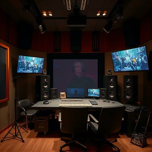 Int√©rieur du studio d'enregistrement avec des √©crans et des enceintes de monitoring